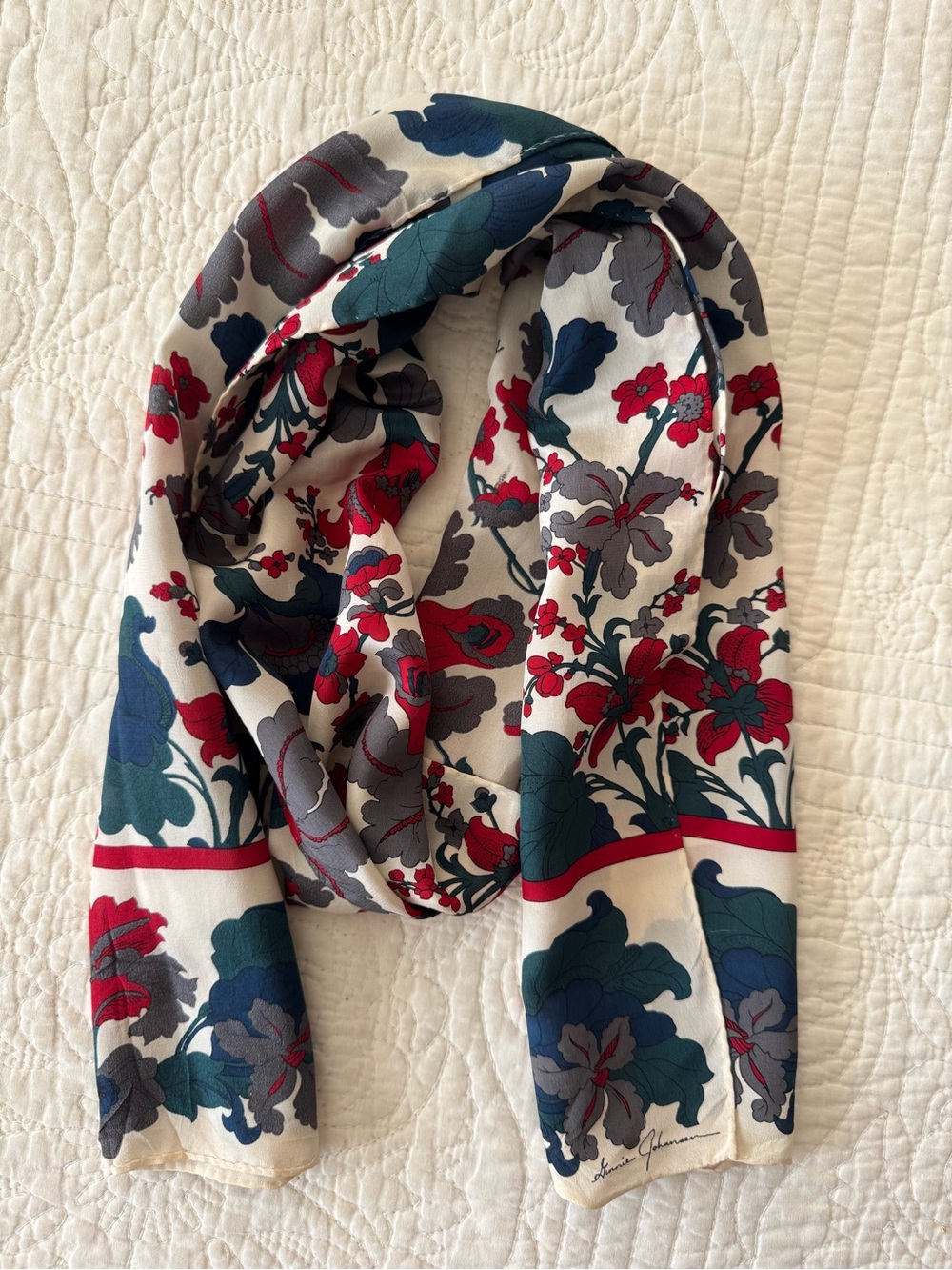 Floral Print Silk Vintage Scarf in Ivory with Red, Navy & Gray Accents